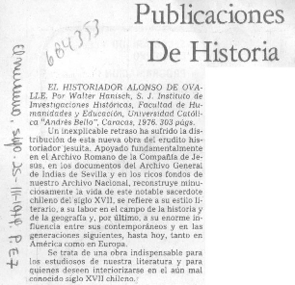 El historiador Alonso de Ovalle.