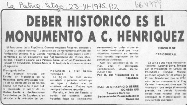 Deber histórico es el monumento a C. Henríquez.