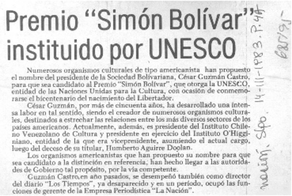 Premio "Simón Bolívar" instituido por UNESCO.