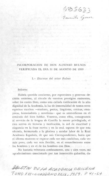 Incorporación de don Alfonso Bulnes verificada el día 31 de agosto de 1959