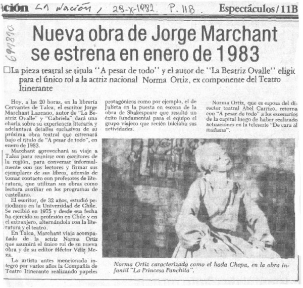 Nueva obra de Jorge Marchant se estrena en enero de 1983.