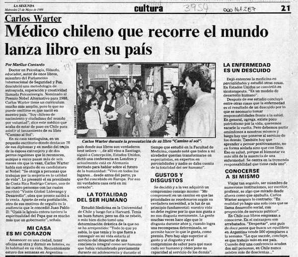 Médico chileno que recorre el mundo lanza libro en su país  [artículo] Mariluz Contardo.