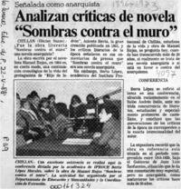 Analizan críticas de novela "Sombras contra el muro"  [artículo] c Héctor Suazo.