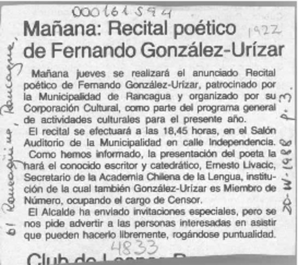 Mañana, recital poético de Fernando González-Urízar  [artículo].