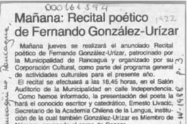 Mañana, recital poético de Fernando González-Urízar  [artículo].