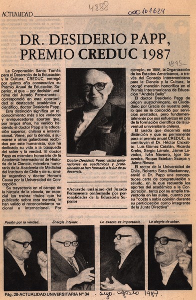 Dr. Desiderio Papp, Premio Creduc 1987  [artículo].