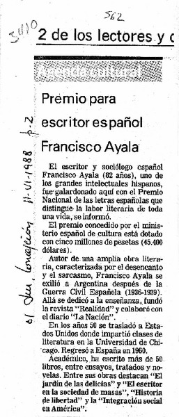Premio para escritor español Francisco Ayala  [artículo].