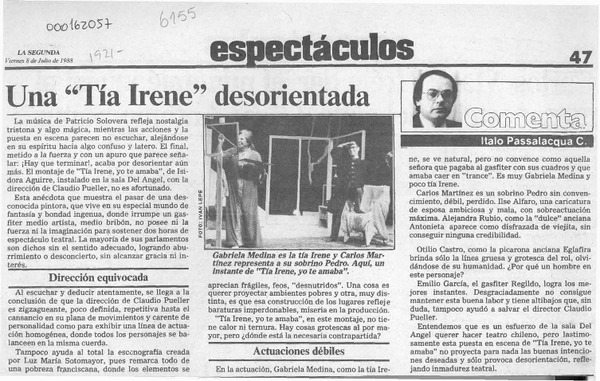 Una "Tía Irene" desorientada  [artículo] Italo Passalacqua C.