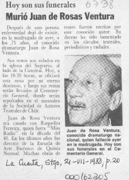 Murió Juan de Rosa Ventura  [artículo].