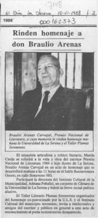 Rinden homenaje a don Braulio Arenas  [artículo].