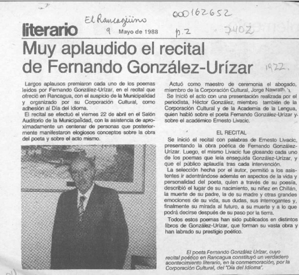 Muy aplaudido el recital de Fernando González-Urízar  [artículo].