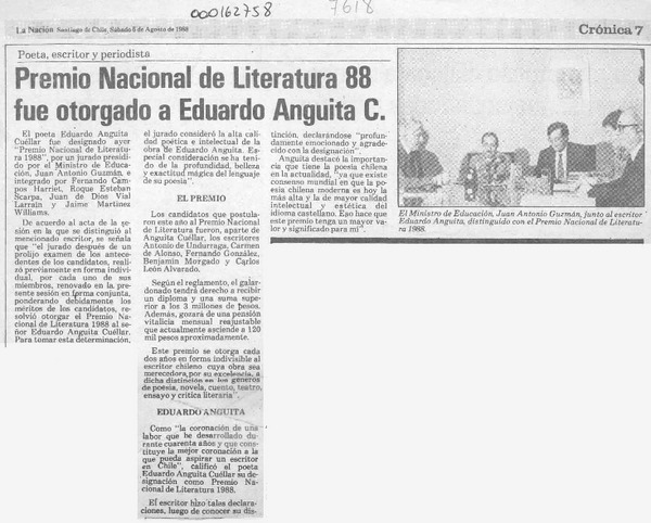 Premio Nacional de Literatura 88 fue otorgado a Eduardo Anguita C.  [artículo].