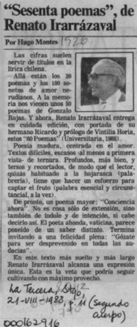 "Sesenta poemas", de Renato Yrarrázabal  [artículo] Hugo Montes.
