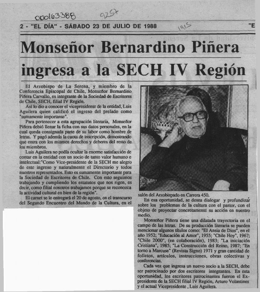 Monseñor Bernardino Piñera ingresa a la SECH IV Región  [artículo].