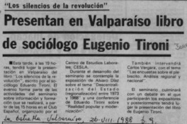 Presentan en Valparaíso libro de sociólogo Eugenio Tironi  [artículo].