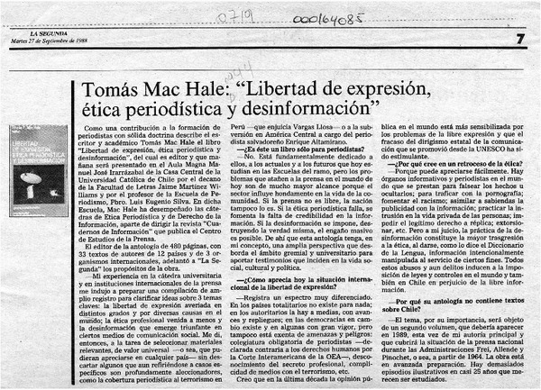 Tomás Mac Hale, "Libertad de expresión, ética periodística y desinformación"