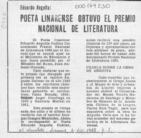 Poeta linarense obtuvo el Premio Nacional de Literatura  [artículo].