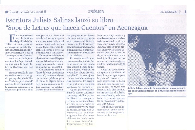 Escritora Julieta Salinas lanzó su libro "Sopa de letras que hacen cuentos" en Acocagua