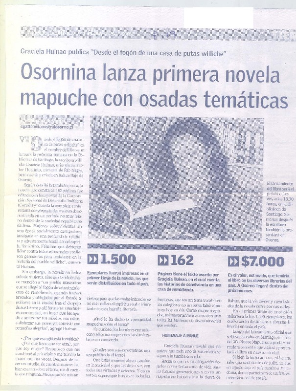 Osornina lanza primera novela mapuche con osadas temáticas