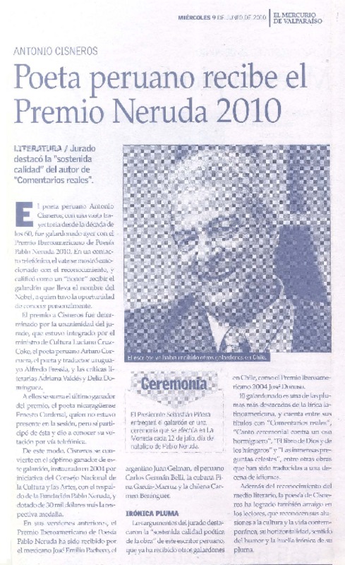 Poeta peruanos recibe el Premio Neruda 2010
