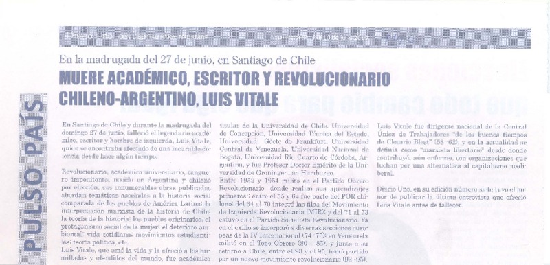 Muere académico, escritor y revolucionario chileno-argentino, Luis Vitale