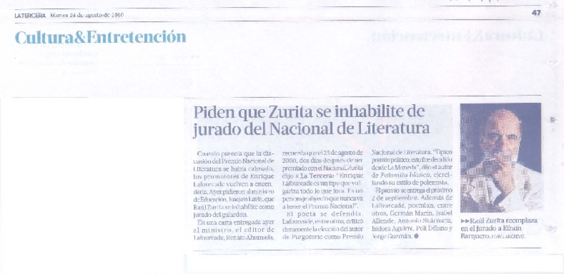 Piden que Zurita se inhabilite de jurado del Nacional de Literatura