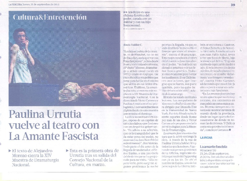 Paulina Urrutia vuelve al teatro con La amante fascista