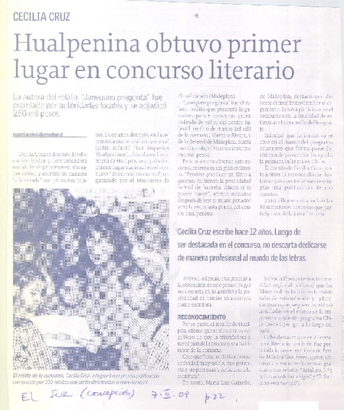 Hualpenina obtuvo primer lugar en concurso literario