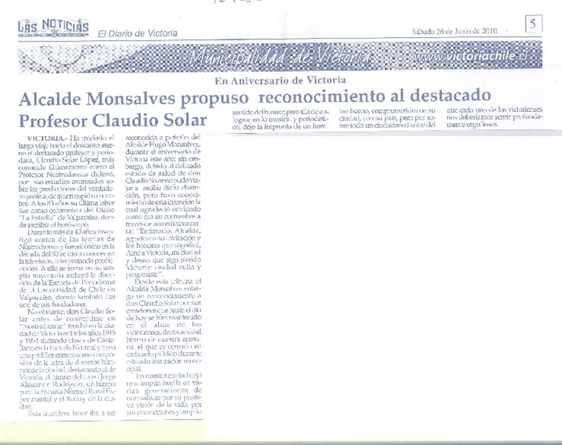 Alcalde Monsalves propuso reconocimiento al destacado profesor Claudio Solar