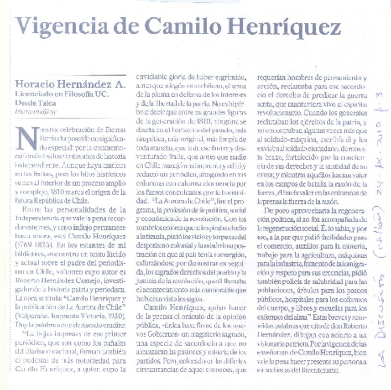 Vigencia de Camilo Henríquez