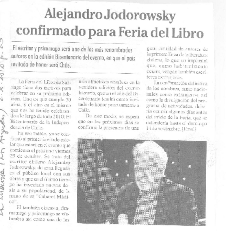 Alejandro Jodorowsky confirmado para Feria del Libro