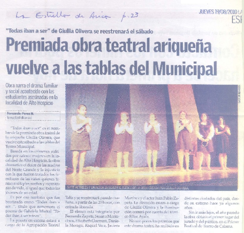 Premiada obra teatral ariqueña vuelve a las tablas del Municipal