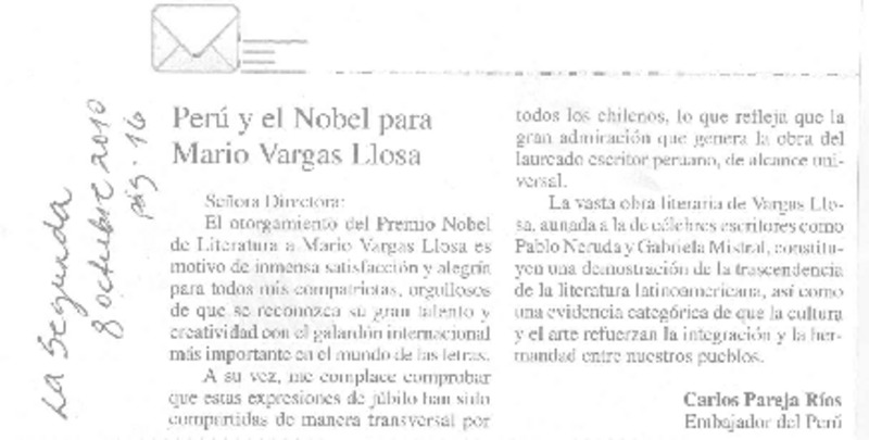 Perú y el Nobel para Mario Vargas Llosa