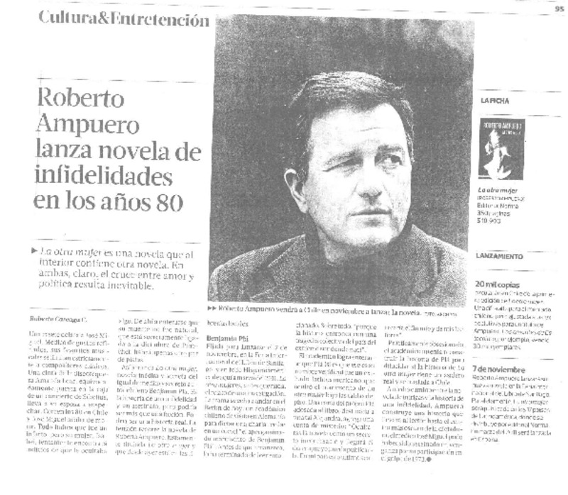 Roberto Ampuero lanza novela de infidelidades en los años 80