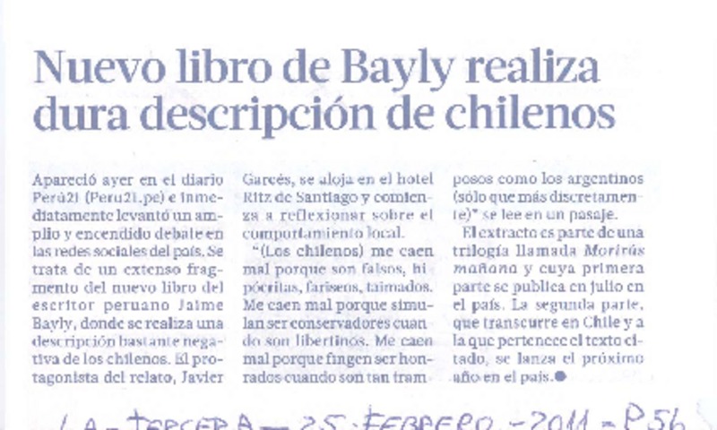 Nuevo libro de Bayly realiza dura descripción de chilenos