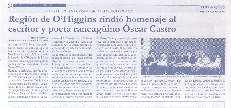 Región de O'Higgins rindió homenaje al escritor y poeta rancagüino Óscar Castro
