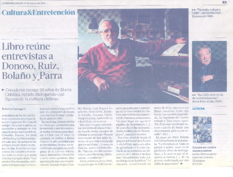 Libro reúne entrevistas a Donoso, Ruiz, Bolaño y Parra