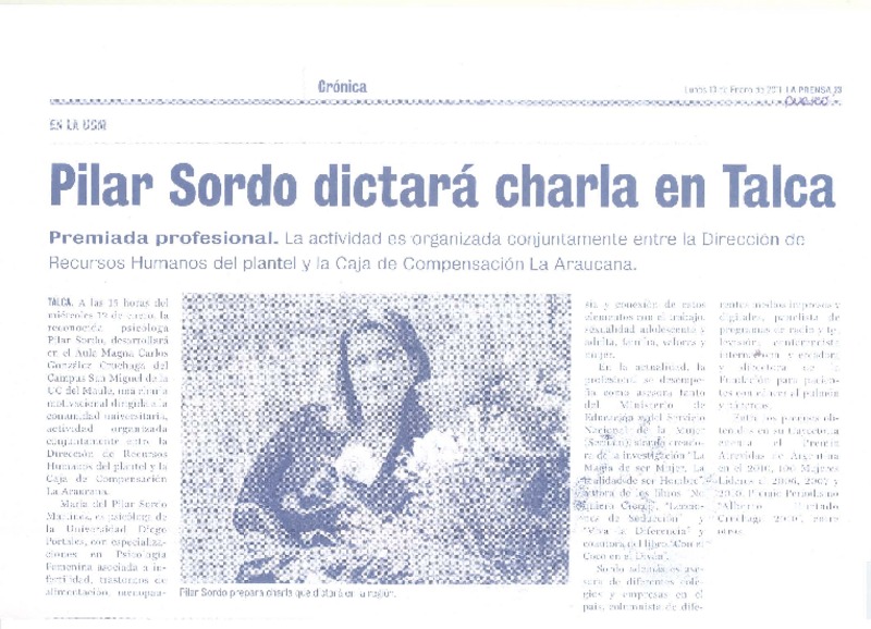 Pilar Sordo dictará charla en Talca