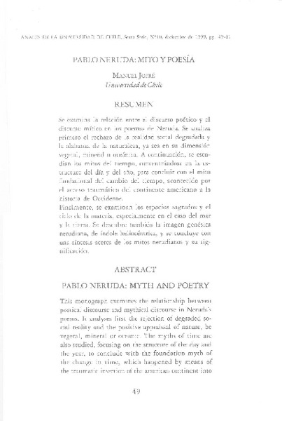 Pablo Neruda, mito y poesía  [artículo] Manuel Jofré
