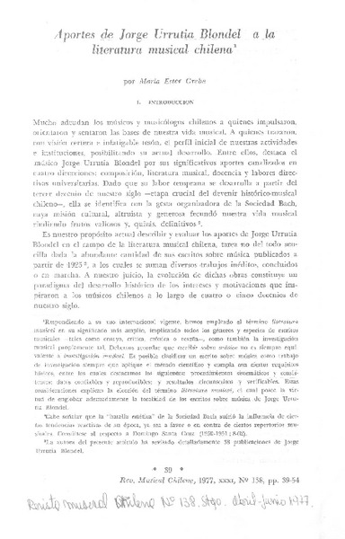 Aportes de Jorge Urrutia Blondel a la literatura musical chilena  [artículo] María Ester Grebe.