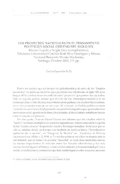 Los proyectos nacionales en el pensamiento político y social chileno del siglo XIX  [artículo] Carlos Ossandón B.