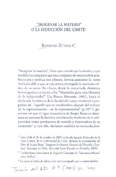 "Imaginar la materia" o la Seducción del límite  [artículo] Rodrigo Zúñiga C.