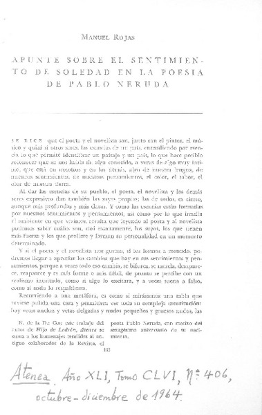 Apunte sobre el sentimiento de soledad en la poesía de Pablo Neruda  [artículo] Manuel Rojas.