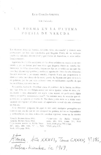 La forma en la última poesía de Neruda  [artículo] Luis García-Abrines.