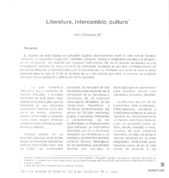 Literatura, intercambio, cultura  [artículo] Iván Carrasco M.