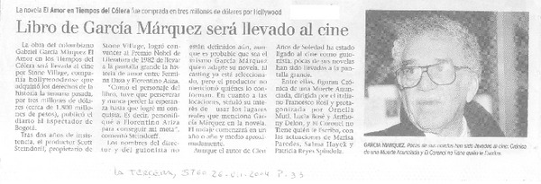 Libro de García Márquez será llevado al cine.  [artículo] Leonardo Sanhueza.