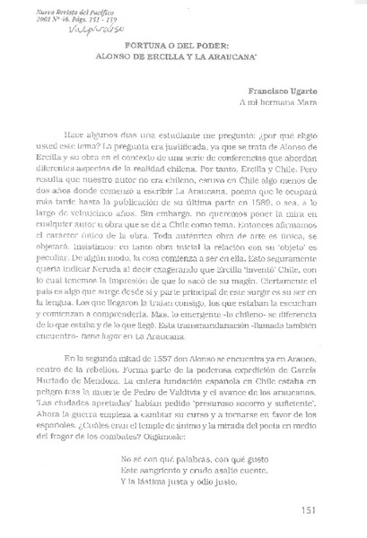 Fortuna o del poder, Alonso de Ercilla y La Araucana  [artículo] Francisco Ugarte.