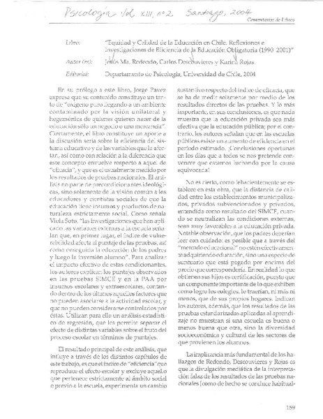 Equidad y calidad de la educación en Chile : reflexiones e investigaciones de eficiencia de la educación obligatoria (1990-2001) [artículo] Luis A. Riveros.