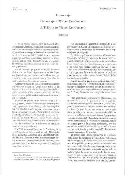 Homenaje a Mabel Condemarín.  [artículo] Yulan Sun
