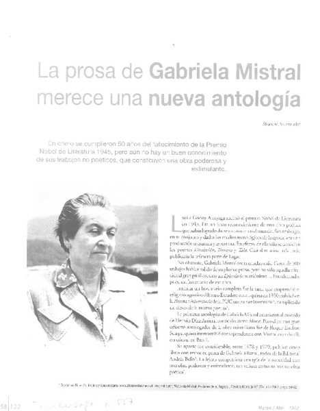 La prosa de Gabriela Mistral merece una nueva antología  [artículo] Alvaro M. Valenzuela.